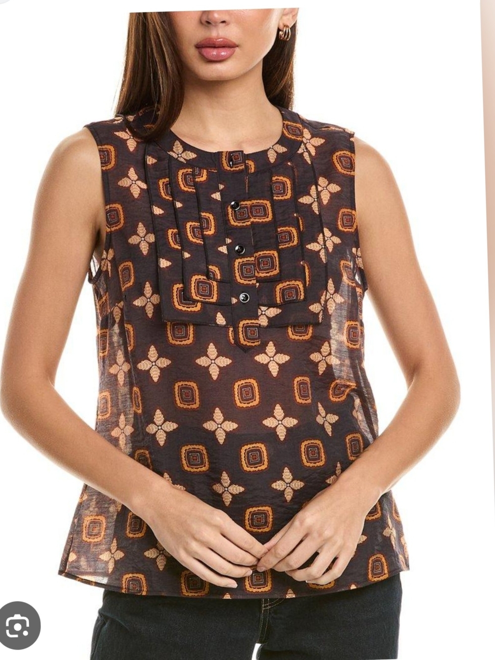 Nwt CAbi  Sleeveless Pintuck Camisole with Orange Geometric Print Size Small